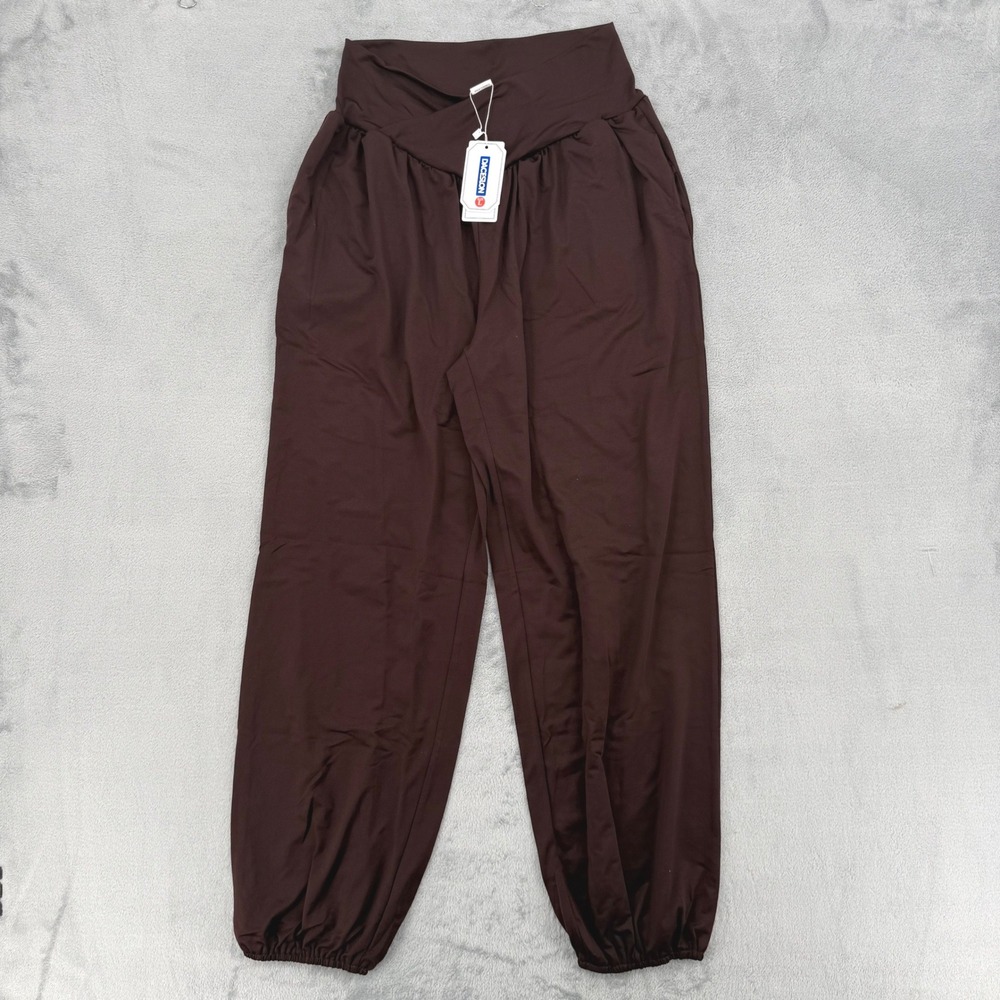 Daceslon Womens Yoga Joggers Dark Coffee Brown Crossover Waist Pockets Size L